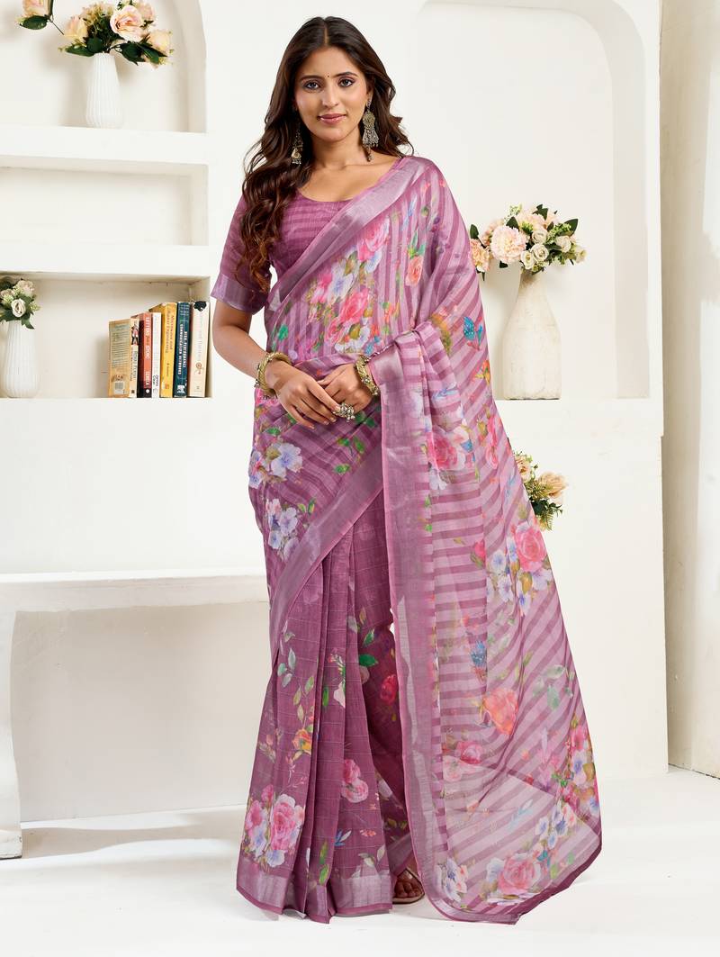 purple lilen print work designer party wear festive 1 minute ready to wear saree with unstitched blouse piece