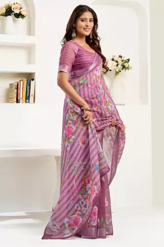 purple lilen print 1 minute ready to wear saree with unstitched blouse piece