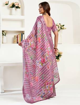purple lilen print 1 minute ready to wear saree with unstitched blouse piece 4