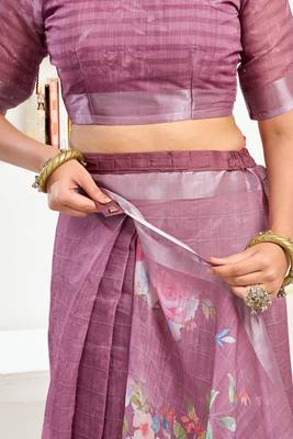 purple lilen print 1 minute ready to wear saree with unstitched blouse piece 5
