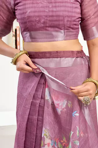 purple lilen print 1 minute ready to wear saree with unstitched blouse piece