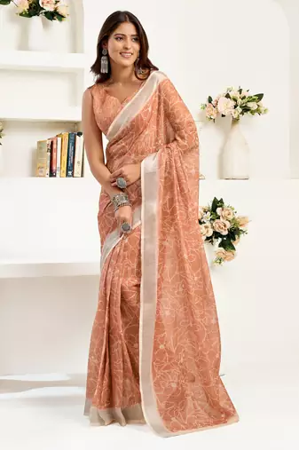 rust lilen print 1 minute ready to wear saree with unstitched blouse piece