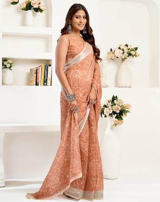 rust lilen print 1 minute ready to wear saree with unstitched blouse piece 3