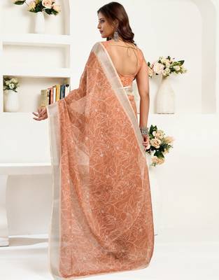 rust lilen print 1 minute ready to wear saree with unstitched blouse piece 4