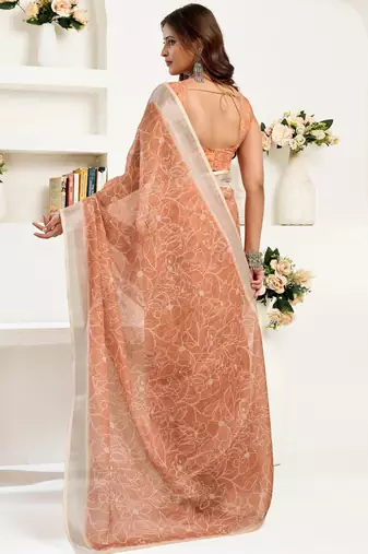 rust lilen print 1 minute ready to wear saree with unstitched blouse piece