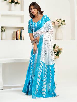 white sky lilen print 1 minute ready to wear saree with unstitched blouse piece 1