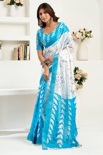 white sky lilen print work designer party wear festive 1 minute ready to wear saree with unstitched blouse piece