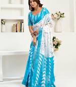 white sky lilen print 1 minute ready to wear saree with unstitched blouse piece