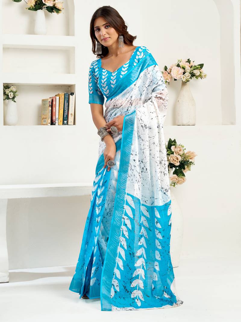 white sky lilen print work designer party wear festive 1 minute ready to wear saree with unstitched blouse piece