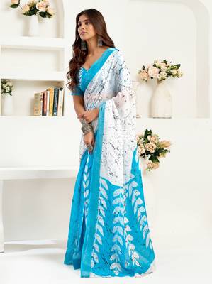 white sky lilen print 1 minute ready to wear saree with unstitched blouse piece 3