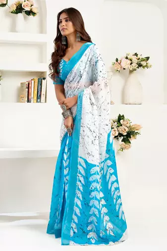 white sky lilen print 1 minute ready to wear saree with unstitched blouse piece
