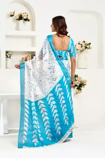 white sky lilen print 1 minute ready to wear saree with unstitched blouse piece