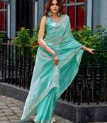 Aqua shimmer chiffon embroidery saree with unstitched blouse piece