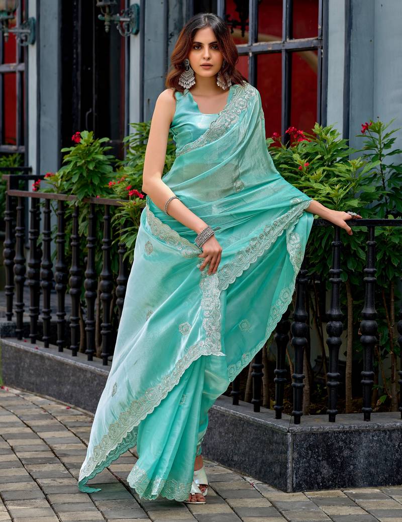 Aqua soft shimmer chiffon embroidery work designer party wear festive saree with unstitched blouse piece