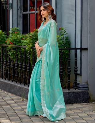 Aqua shimmer chiffon embroidery saree with unstitched blouse piece 3