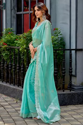 Aqua shimmer chiffon embroidery saree with unstitched blouse piece