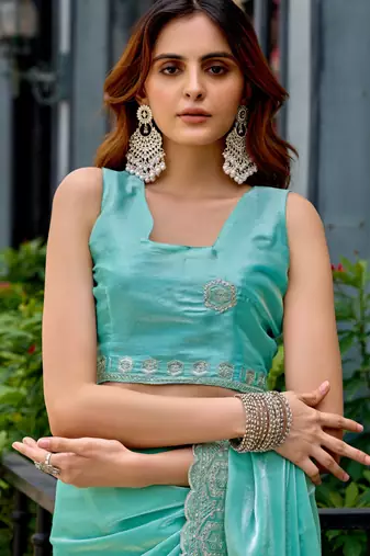 Aqua shimmer chiffon embroidery saree with unstitched blouse piece