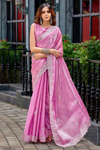 Baby pink soft shimmer chiffon embroidery work designer party wear festive saree with unstitched blouse piece