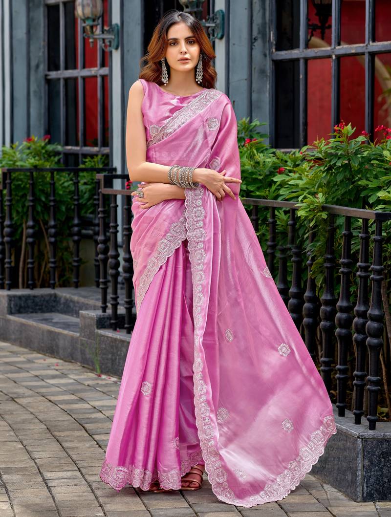 Baby pink soft shimmer chiffon embroidery work designer party wear festive saree with unstitched blouse piece