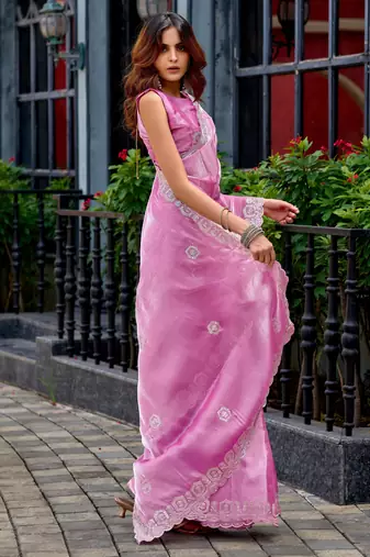 Baby pink shimmer chiffon embroidery saree with unstitched blouse piece
