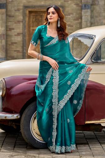Teal green soft shimmer chiffon embroidery work designer party wear festive saree with unstitched blouse piece