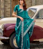 Teal green shimmer chiffon embroidery saree with unstitched blouse piece
