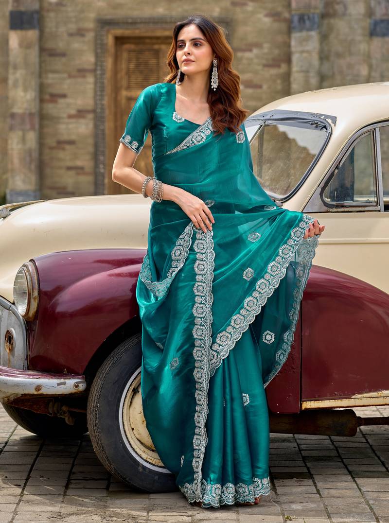 Teal green soft shimmer chiffon embroidery work designer party wear festive saree with unstitched blouse piece