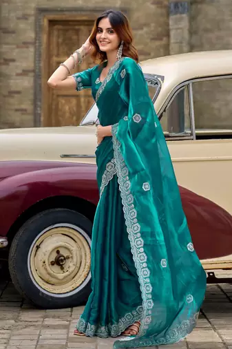 Teal green shimmer chiffon embroidery saree with unstitched blouse piece