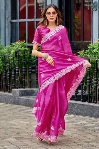 Rani pink soft shimmer chiffon embroidery work designer party wear festive saree with unstitched blouse piece