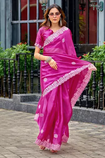 Rani pink soft shimmer chiffon embroidery work designer party wear festive saree with unstitched blouse piece