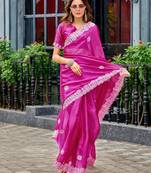 Rani pink shimmer chiffon embroidery saree with unstitched blouse piece