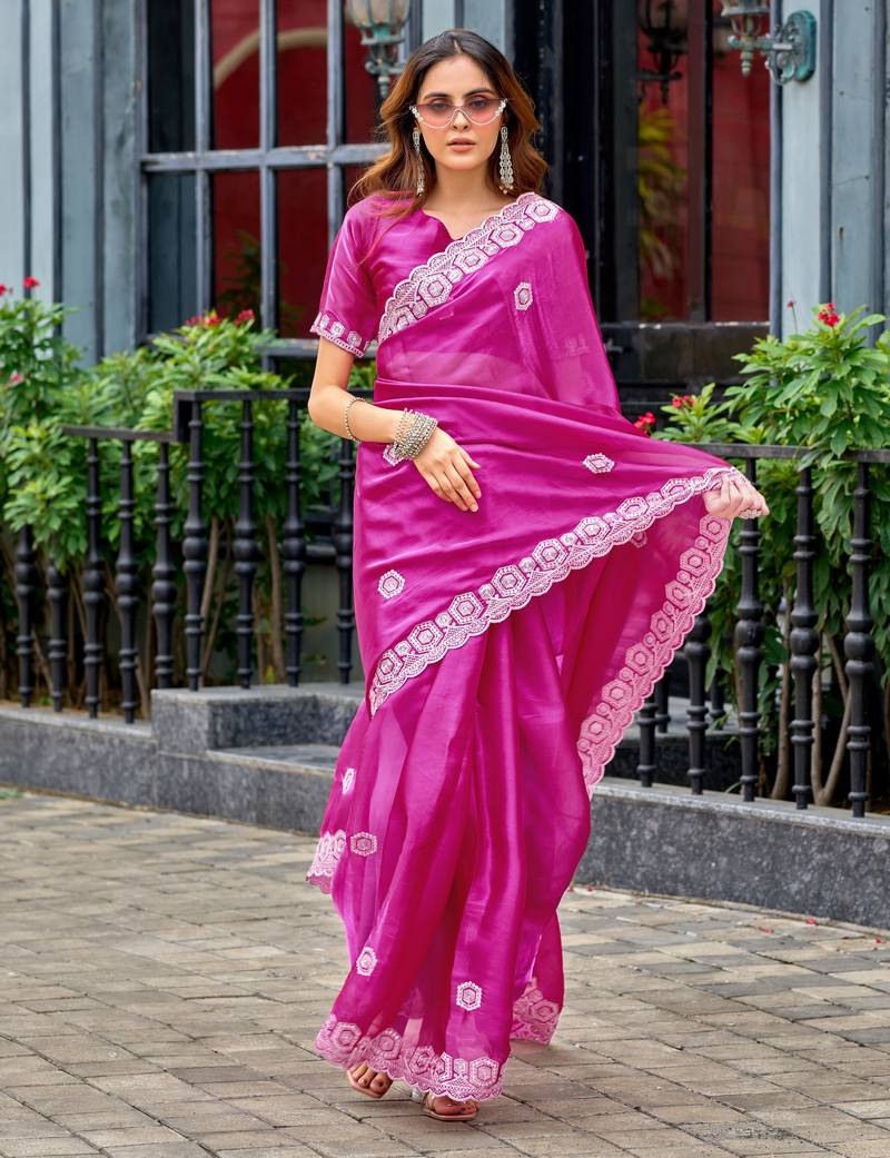 Rani pink soft shimmer chiffon embroidery work designer party wear festive saree with unstitched blouse piece