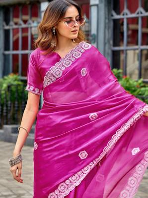 Rani pink shimmer chiffon embroidery saree with unstitched blouse piece 3