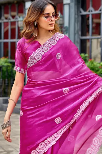 Rani pink shimmer chiffon embroidery saree with unstitched blouse piece