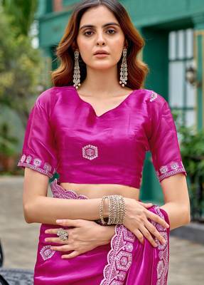 Rani pink shimmer chiffon embroidery saree with unstitched blouse piece 5