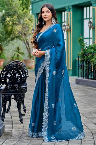 Turquoise soft shimmer chiffon embroidery work designer party wear festive saree with unstitched blouse piece