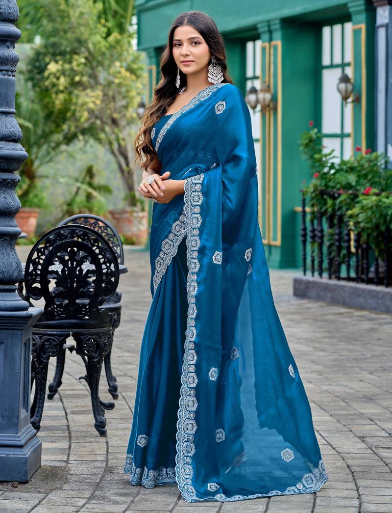 Turquoise soft shimmer chiffon embroidery work designer party wear festive saree with unstitched blouse piece