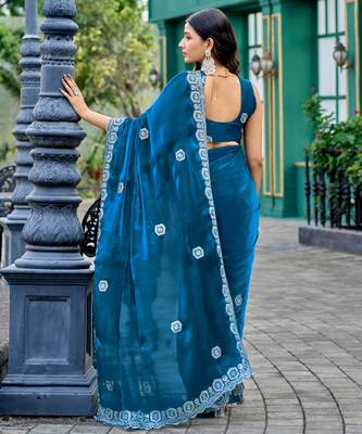 Turquoise shimmer chiffon embroidery saree with unstitched blouse piece 2
