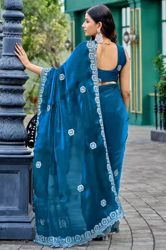 Turquoise shimmer chiffon embroidery saree with unstitched blouse piece