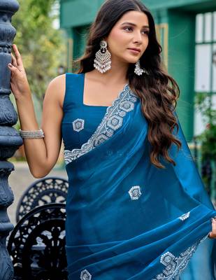 Turquoise shimmer chiffon embroidery saree with unstitched blouse piece 3