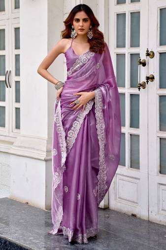 Lavender soft shimmer chiffon embroidery work designer party wear festive saree with unstitched blouse piece