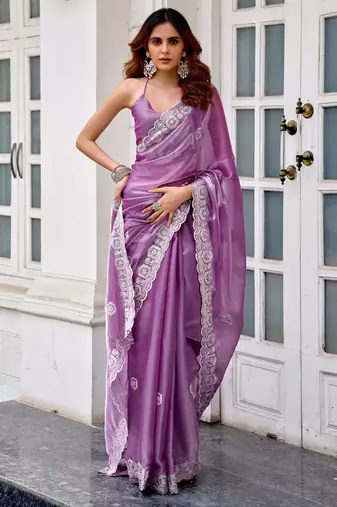 Lavender shimmer chiffon embroidery saree with unstitched blouse piece
