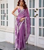 Lavender shimmer chiffon embroidery saree with unstitched blouse piece