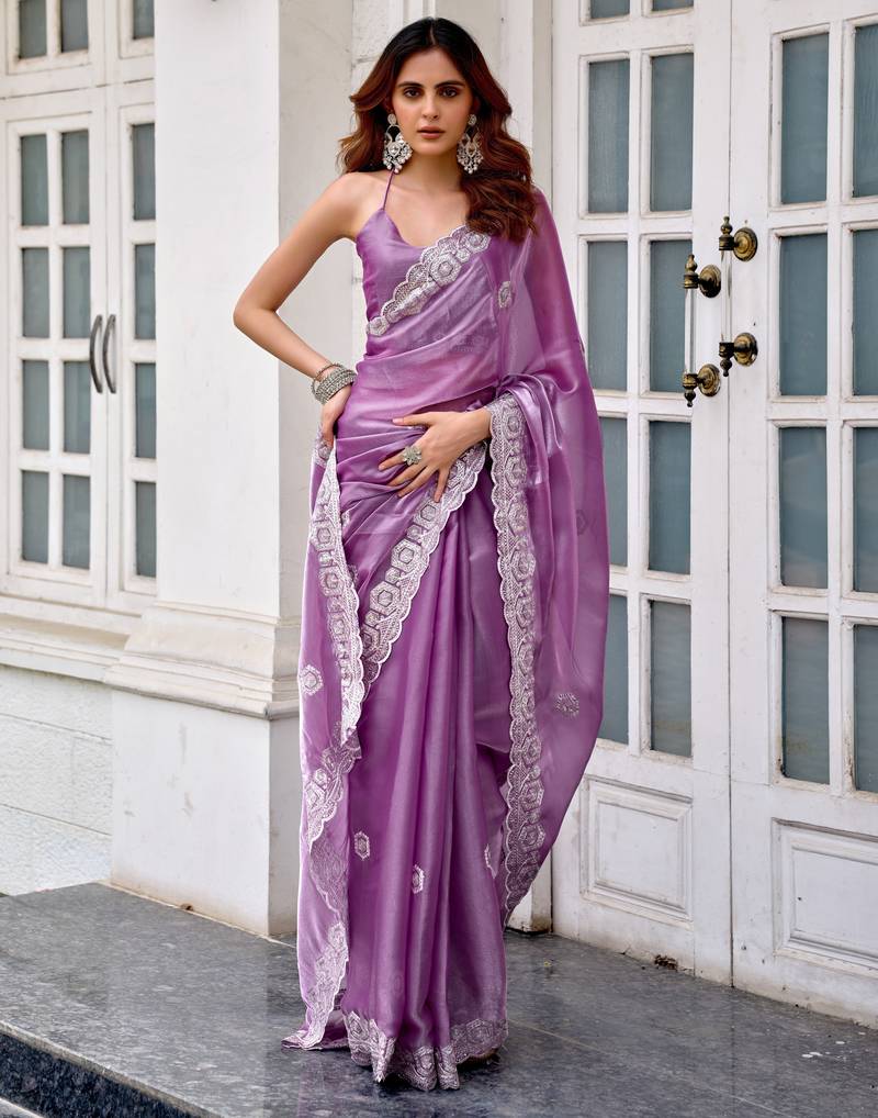 Lavender soft shimmer chiffon embroidery work designer party wear festive saree with unstitched blouse piece