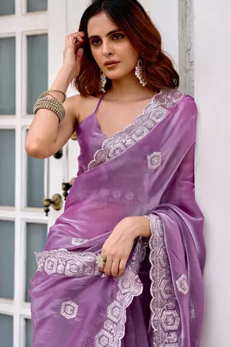 Lavender shimmer chiffon embroidery saree with unstitched blouse piece