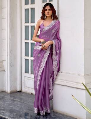 Lavender shimmer chiffon embroidery saree with unstitched blouse piece 3