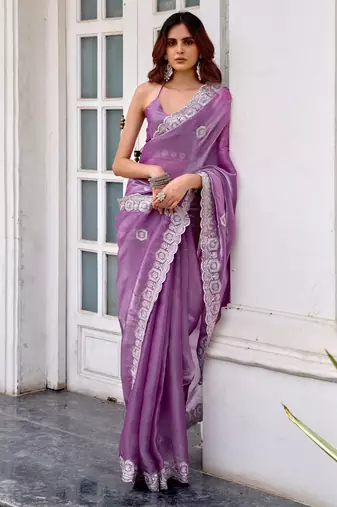 Lavender shimmer chiffon embroidery saree with unstitched blouse piece