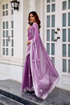 Lavender shimmer chiffon embroidery saree with unstitched blouse piece 4