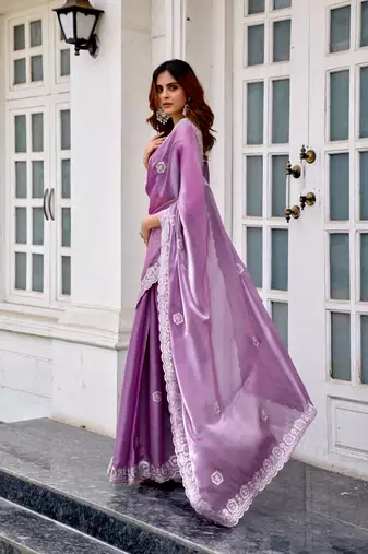 Lavender shimmer chiffon embroidery saree with unstitched blouse piece