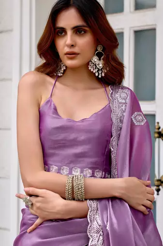 Lavender shimmer chiffon embroidery saree with unstitched blouse piece